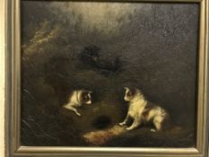 EDWARD ARMFIELD (1817-1896) "Terriers by fox hole", study of dogs, oil on canvas,