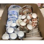 A box of various tea wares to include Sutherland China blue floral decorated tea set,