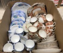 A box of various tea wares to include Sutherland China blue floral decorated tea set,