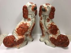 A pair of 19th Century Staffordshire brown and white Spaniel figures, 32.5 cm and 31.