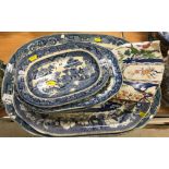 Nine various 19th Century blue and white meat platters including a Copeland and Garrett floral
