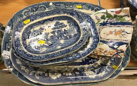 Nine various 19th Century blue and white meat platters including a Copeland and Garrett floral