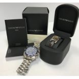 An Emporio Armani ladies wristwatch with case, guarantee, etc,