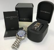 An Emporio Armani ladies wristwatch with case, guarantee, etc,
