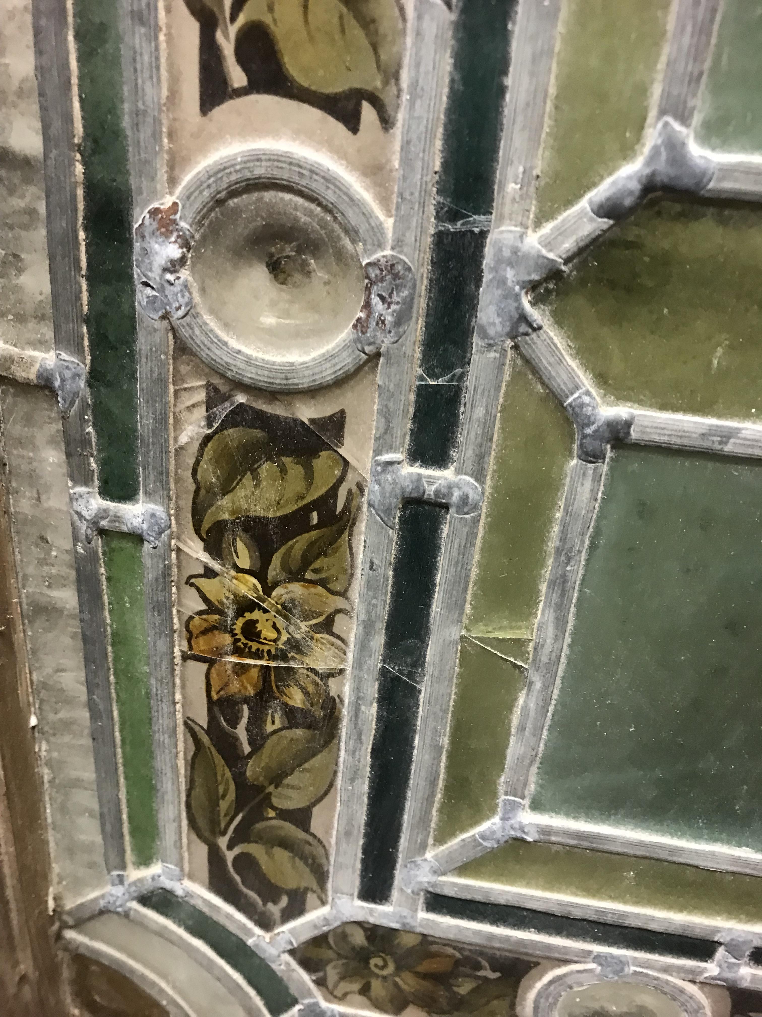 A late Victorian pine framed exterior door with four foliate and floral decorated leaded glazed - Image 7 of 13