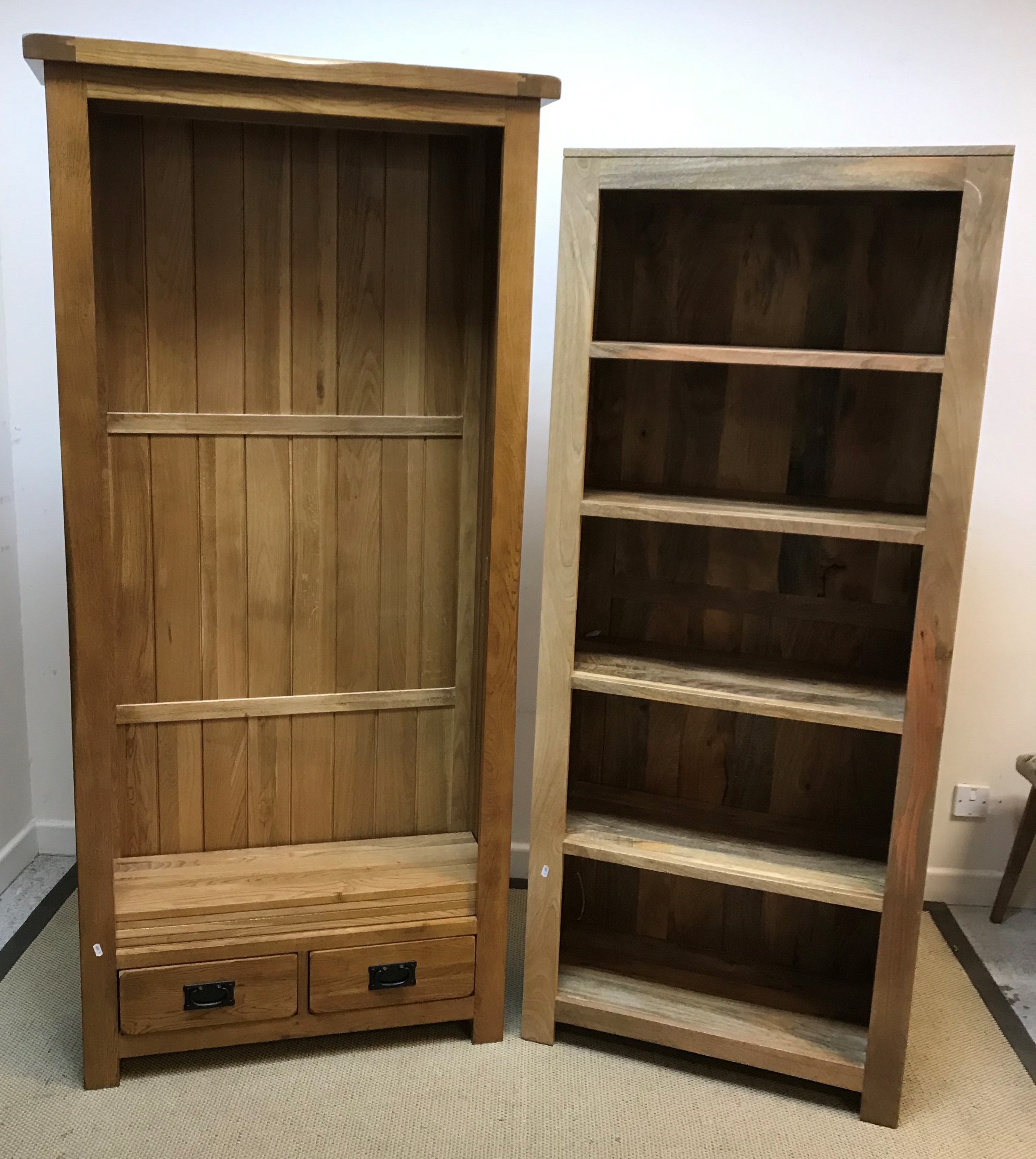 A modern oak open bookcase with two drawers, 89 cm wide x 30 cm deep x 190 cm high,