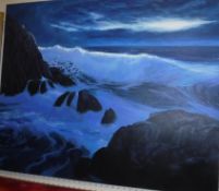 JEN AITKEN "Study of seascape in blues", oil on canvas, signed lower right, 80 cm x 100 cm,
