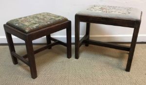 Three mahogany and one oak tapestry seated stools in the George III style,