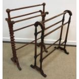 A Victorian towel rail on barley-twist supports and another similar towel rail