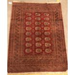 A Bokhara rug, the central panel set with repeating elephant foot medallions on a red ground,