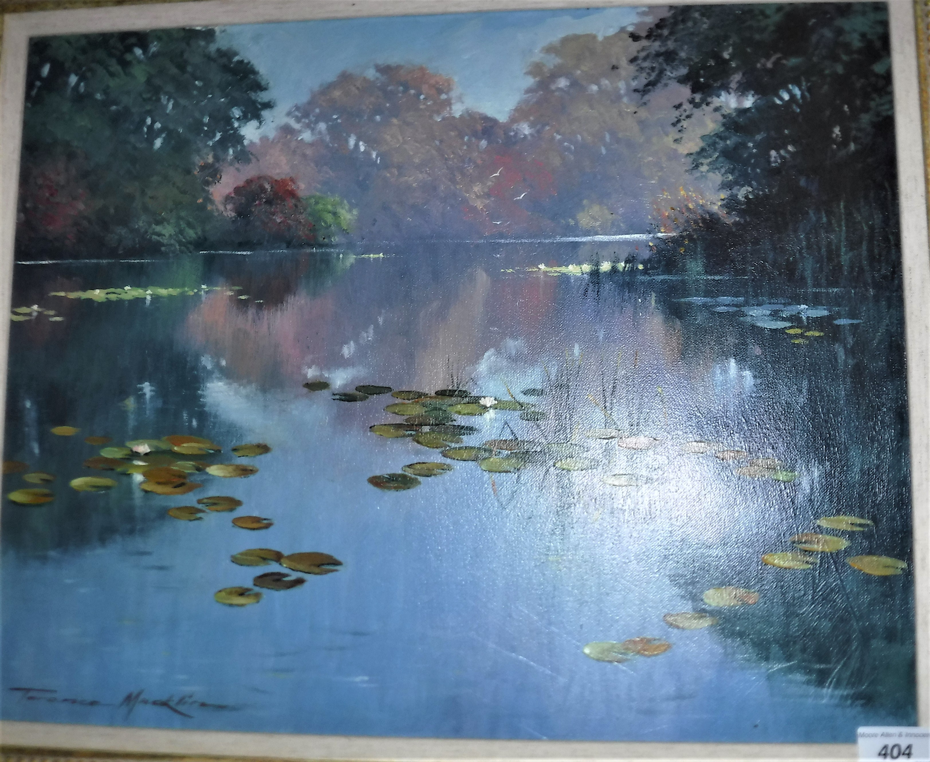 TERENCE MACKLIN "Lake scene with water lilies", oil on canvas, signed lower left,