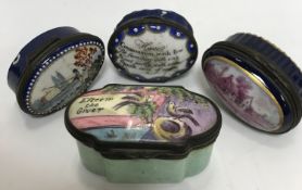 A collection of snuff or patch boxes including a Bilston type enamel box decorated with “Two