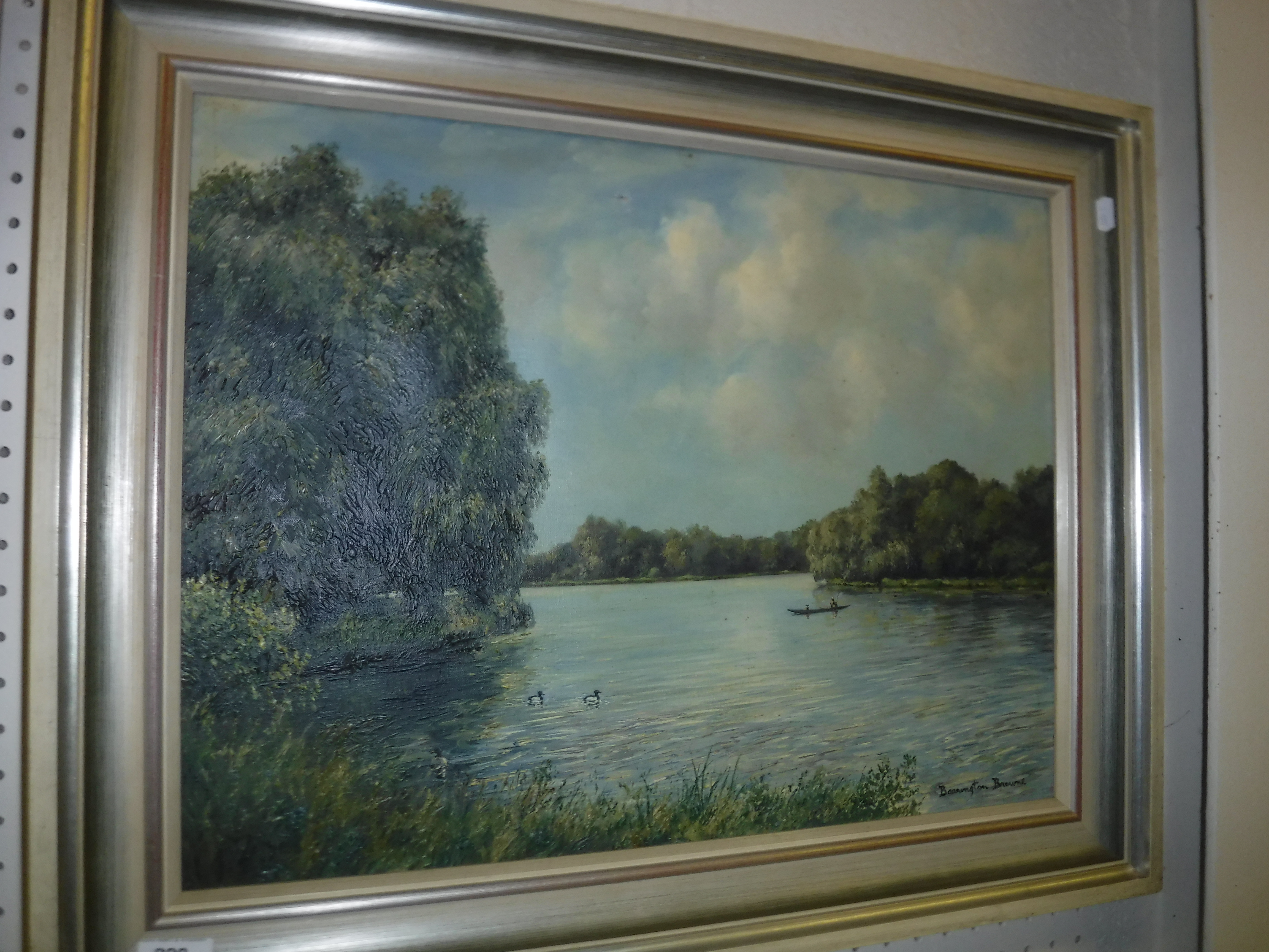 W E BARRINGTON BROWNE "Enton Lake with fisherman", oil on canvas, signed lower right,