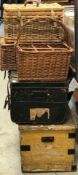 A painted metal trunk, two canework baskets, canework six bottle wine carrier,