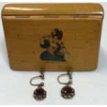 A pair of yellow metal mounted garnet set earrings together with a mauchline ware type box,