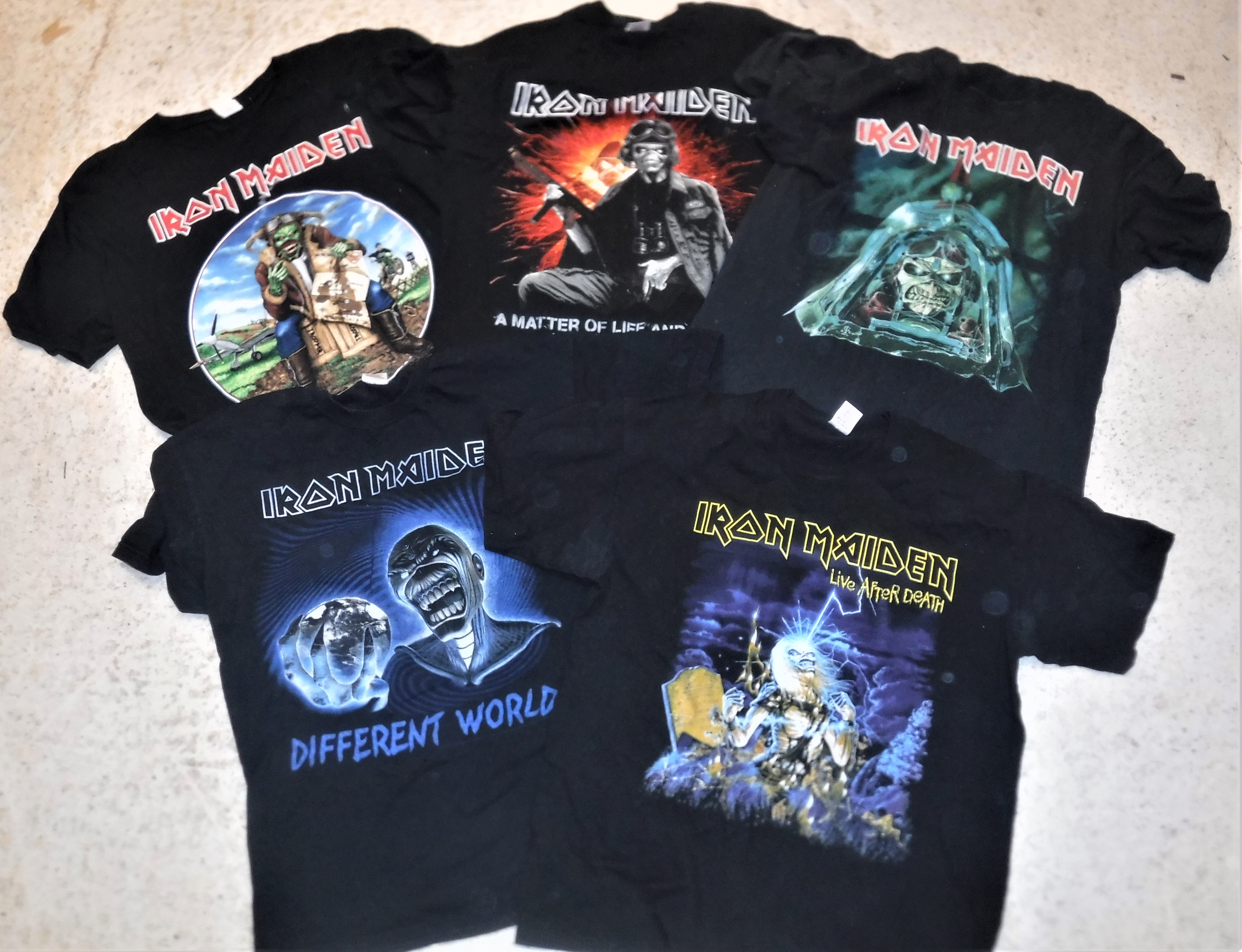 Five various IRON MAIDEN tour t-shirts including "666 Squadron", "Operation L.O.T.