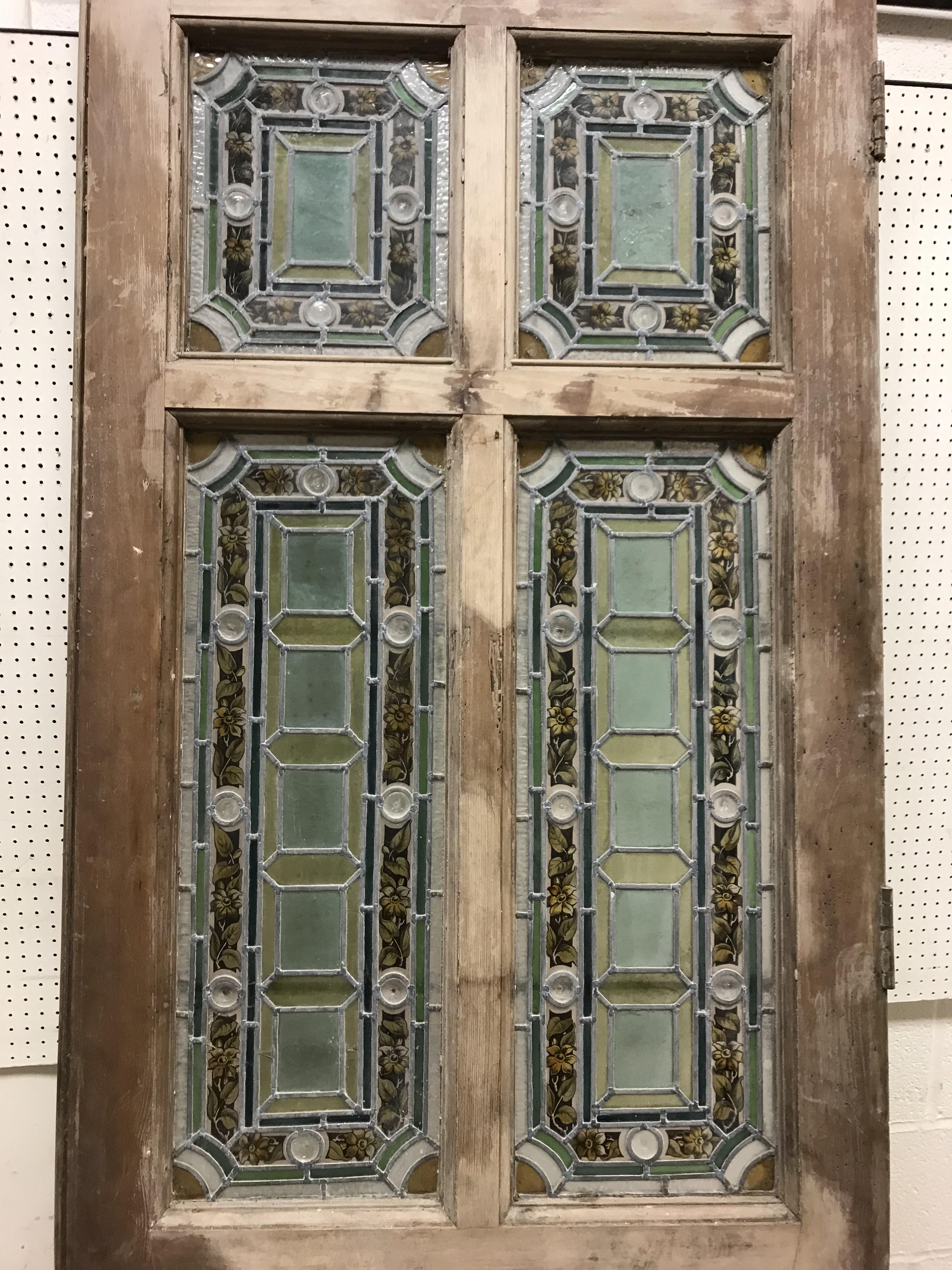 A late Victorian pine framed exterior door with four foliate and floral decorated leaded glazed - Image 2 of 13