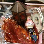 Three carnival glass bowls, a Sowerby carnival glass boat,