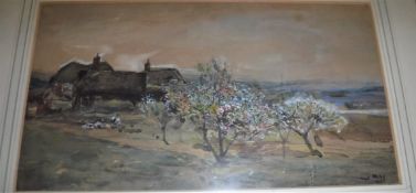 MAY "Orchard scene with cottages in foreground", watercolour study, signed lower right, 16.