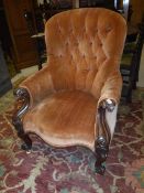 A Victorian mahogany show frame button back upholstered salon chair,