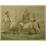 19TH CENTURY ENGLISH SCHOOL “Figures and horses with naked bearded man in foreground”, watercolour,