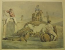 19TH CENTURY ENGLISH SCHOOL “Figures and horses with naked bearded man in foreground”, watercolour,