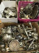 Four boxes of assorted plated wares to include candle sticks, tea pots, water jugs, various trays,