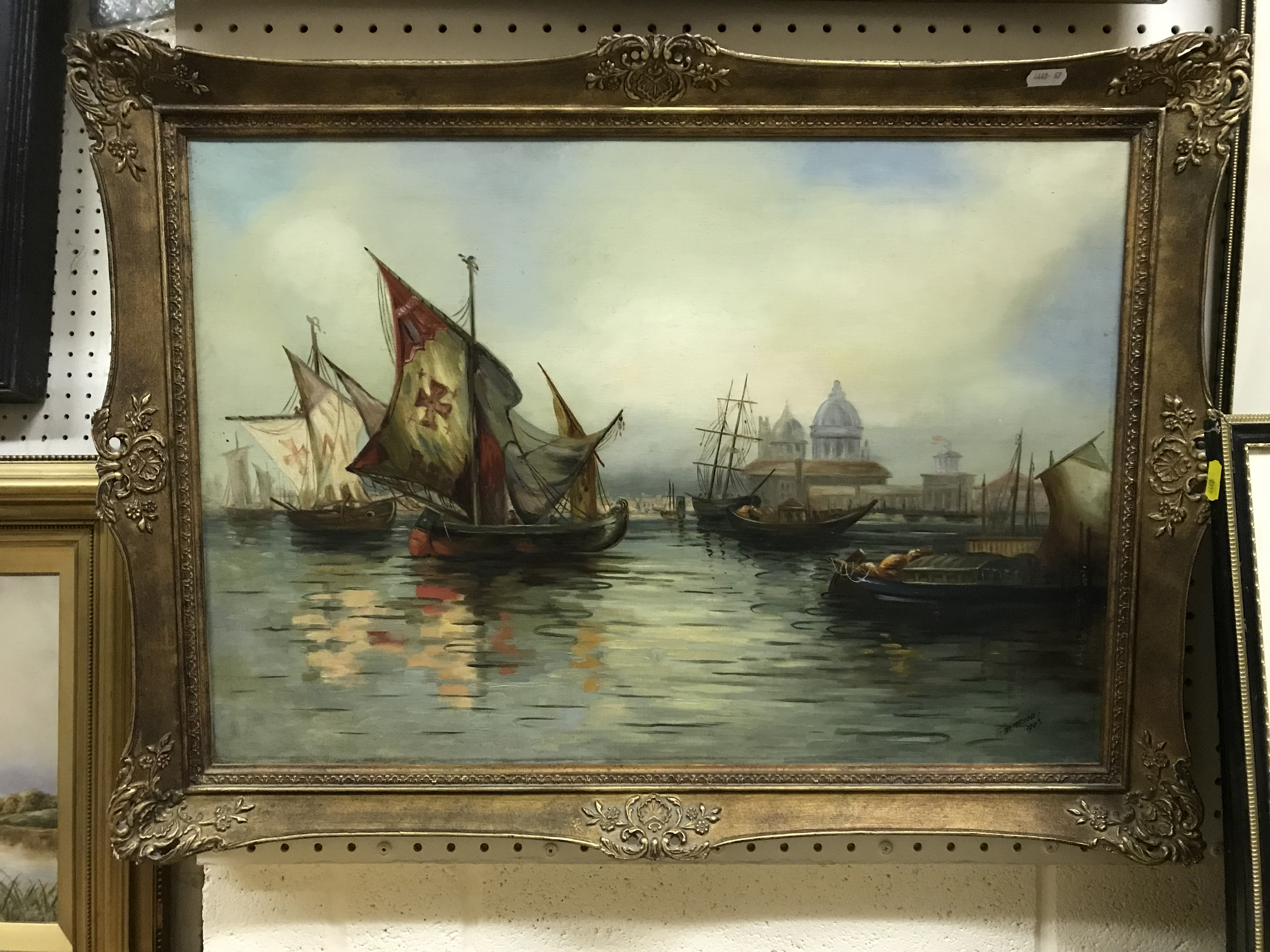 M TROOD “Maritime Scenes with Sailing Vessels, Town in Background”, oil on canvas, a pair, - Image 5 of 5