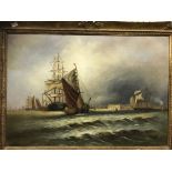 M TROOD “Maritime Scenes with Sailing Vessels, Town in Background”, oil on canvas, a pair,