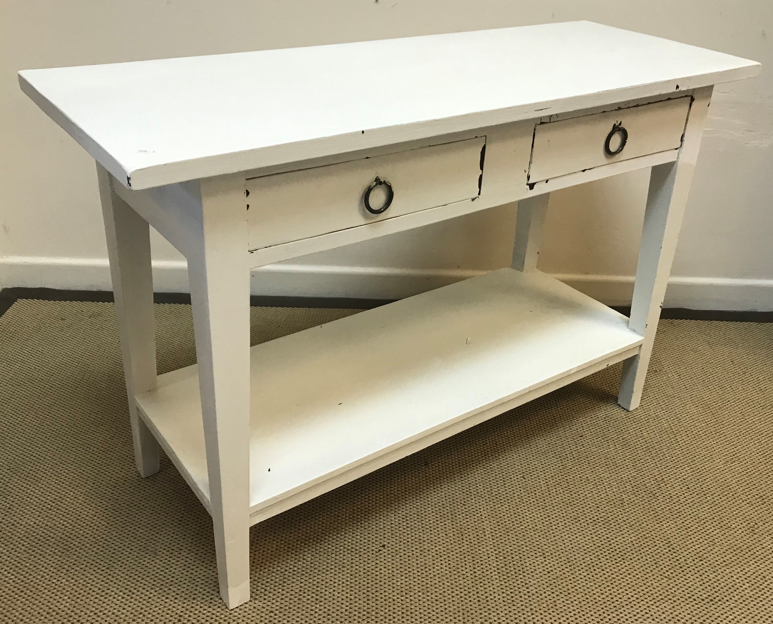 A Lombok painted two drawer side table on square tapered legs united by an under tier 120 cm x 44. - Image 2 of 2