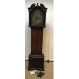A George III oak and inlaid cased long case clock, the hood with broken arch pediment,