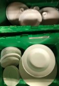 Two boxes of assorted plain white Wedgwood dinner wares to include various bowls, plates, tureens,