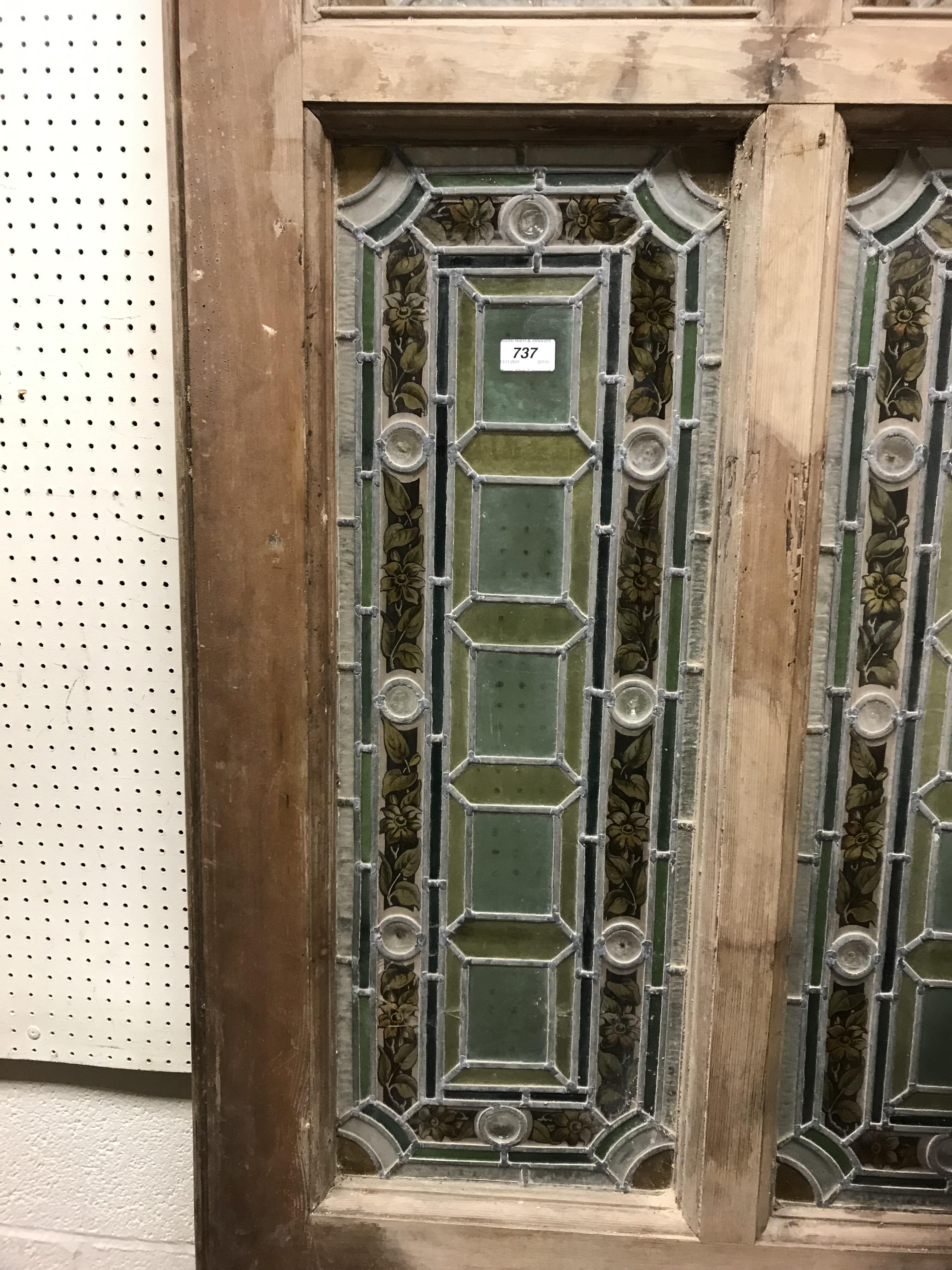 A late Victorian pine framed exterior door with four foliate and floral decorated leaded glazed - Image 6 of 13