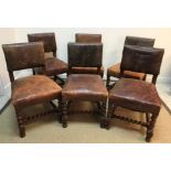 A set of six late Victorian studded leather upholstered oak framed dining chairs in the 17th