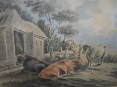 SAWRY GILPIN RA "Cattle feeding by stable", 18th Century watercolour,
