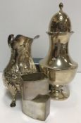 A collection of silver wares comprising a silver sugar caster of lantern form (by B & W Ltd,