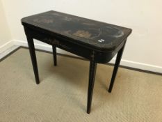 A 19th Century black lacquered and chinoiserie decorated fold-over card table,