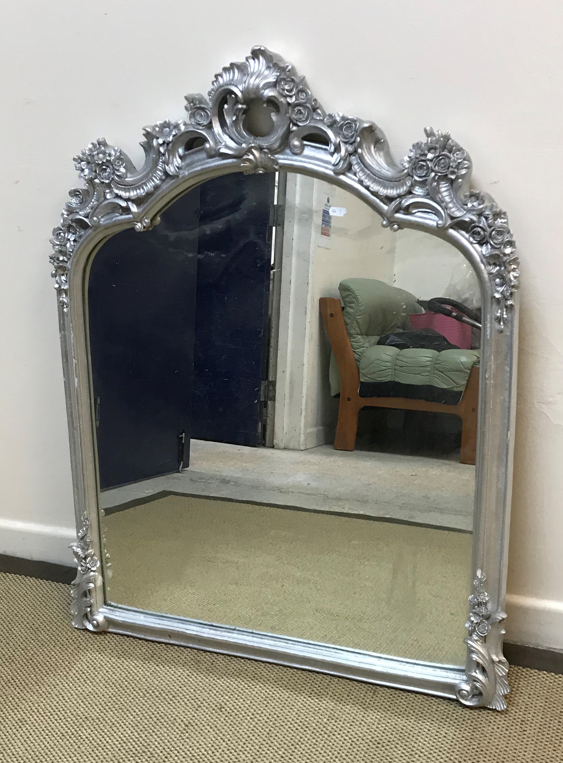 A modern silvered framed mantel mirror in the Rococo taste with scrolling foliate and floral - Image 2 of 2