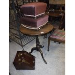 A wooden coal scuttle, a mahogany circular occasional table on tripod base,