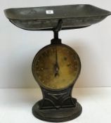 A set of Salter trade sping balance scales No. 50T to weigh 100lb, the tin dish 46.5 cm x 34.