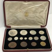 A Morocco leather cased set of George VI specimen coins 1937, crown-one penny silver,