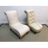 A Victorian button back nursing chair on turned front legs to castors,