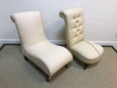 A Victorian button back nursing chair on turned front legs to castors,