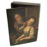A 19th Century lacquered papier-mache snuff box depicting “Young man tickling a sleeping girl,