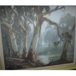 DIXON-COPES (1914-2002) "Australian river landscape with gum trees in foreground", oil on board,