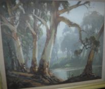 DIXON-COPES (1914-2002) "Australian river landscape with gum trees in foreground", oil on board,