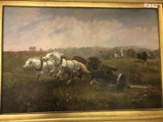 WILLIAM GEORGE MEADOW “The Runaway Carriage”, a battle scene with four-horse carriage in foreground,