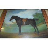 19TH CENTURY NAIVE SCHOOL "Study of a horse with saddle in landscape", oil on canvas, unsigned,