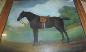 19TH CENTURY NAIVE SCHOOL "Study of a horse with saddle in landscape", oil on canvas, unsigned,