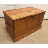 A pitch pine tack box with brass carrying handles, 87.5 cm wide x 48 cm deep x 50.